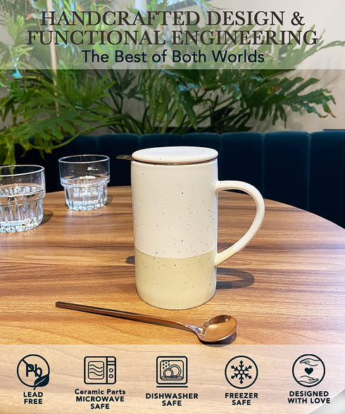 Mora Ceramics Tea Cup with Loose Leaf Infuser, Spoon and Lid, 12 oz, Microwave and Dishwasher Safe Coffee Mug - Rustic Matte Ceramic Glaze, Modern Herbal Tea Strainer - Great Gift for Women, Limestone