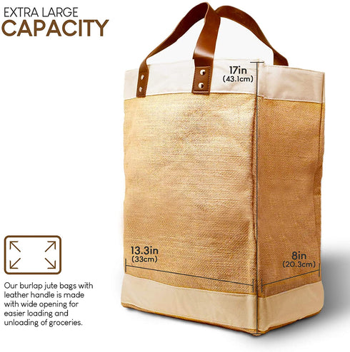 Reusable Jute French Market Tote Burlap Grocery Bags with Faux Leather Strap Handles, Interior Pocket, and Water Resistant Inner Lining Jute Shopping Bag, EXULTIMATE