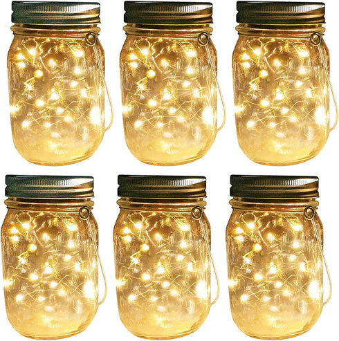 Outdoor Solar Powered Mason Jar Lights 6 Pack Waterproof 30 Mini LED Fairy Star Firefly Garden Table Decorations Patio Lighting Decor Lanterns Backyard Tree Hanging Lawn Porch Decorative Warm White