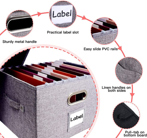 File Storage Organizer, Collapsible Office File Boxes with Lid, Linen Filing Hanging Folder Document Organizers for Letter/Legal Size with Slide Rails