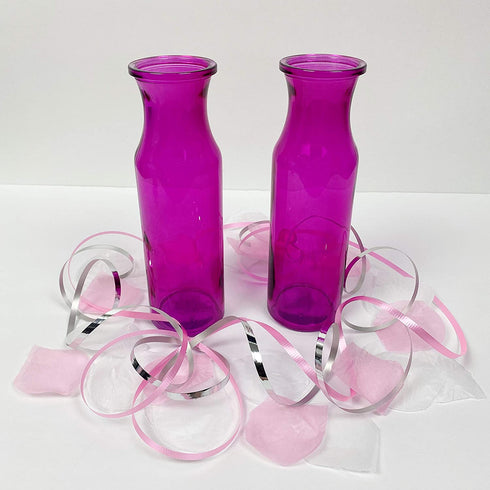 Becky's Bundles Set of 2 Pink Translucent 7.75" Glass Milk Bottle Vases with Bonus Flower Petals and Silver/Pink Ribbons