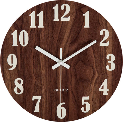 Jomparis 12" Night Light Function Wooden Round Wall Clock Vintage Rustic Country Tuscan Style for Kitchen Bedroom Office Home Silent & Non-Ticking Large Numbers Battery Operated Indoor Clocks