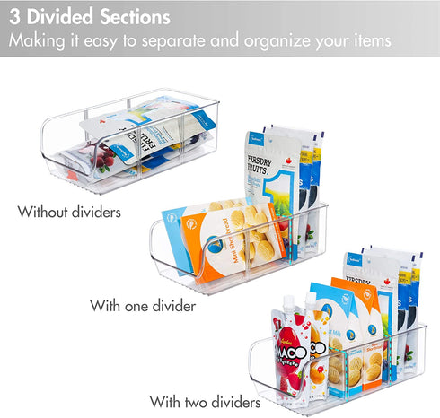 YIHONG 2 Pack Food Packet Organizer Bins, Plastic Clear Pantry Bins for Holding Seasoning Packets, Spice Packets, Pouches, Snacks in Kitchen, Cabinets or Countertop, with 2 Removable Dividers