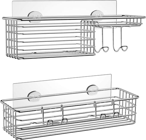 SMARTAKE 2-Pack Shower Caddy, Combined Bathroom Shelf with Soap Dish and Hooks for Hanging Razor Brush Sponge, Wall Mounted Rustproof Basket with Adhesive, No Drilling, 304 Stainless Steel, Silver
