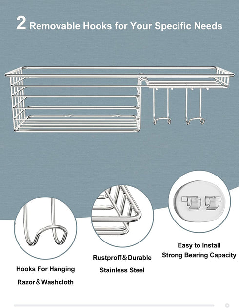 SMARTAKE 2-Pack Shower Caddy, Combined Bathroom Shelf with Soap Dish and Hooks for Hanging Razor Brush Sponge, Wall Mounted Rustproof Basket with Adhesive, No Drilling, 304 Stainless Steel, Silver