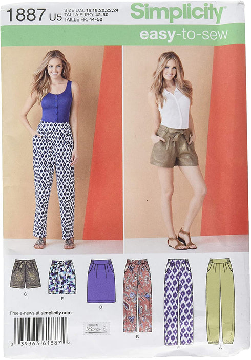 Simplicity Easy to Sew Women's Pants, Shorts, and Skirt Sewing Patterns by Karen Z, Sizes 16-24