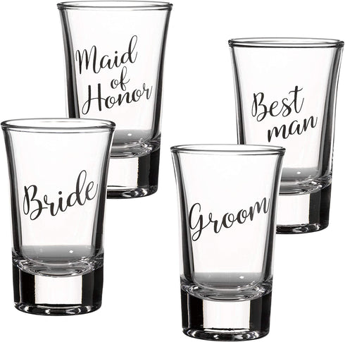 Lillian Rose Bride, Groom, Maid of Honor, and Best Man Shot Glass Set, 4 Count (Pack of 1), Clear