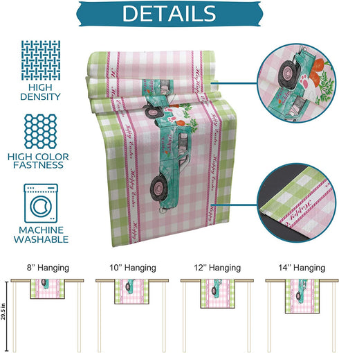 Easter Table Runner Farm Truck Bunny Butt Tail Carrot Table Runner Dresser Scarves,Linen Burlap Table Runners Cloth for April Holiday Dinner Party, Kitchen Dining Farmhouse Buffalo Lattice 13x90inch