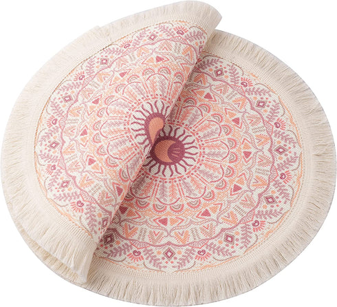 Pink Placemats Set of 4 - Round Placemats with Fringe are The Perfect Table Mats for Boho Baby Girl Shower Decorations. The Pink Boho Girls Party Decorations are Woven Cotton, Bohemian Place Mats.