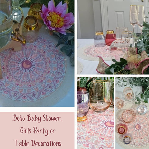 Pink Placemats Set of 4 - Round Placemats with Fringe are The Perfect Table Mats for Boho Baby Girl Shower Decorations. The Pink Boho Girls Party Decorations are Woven Cotton, Bohemian Place Mats.