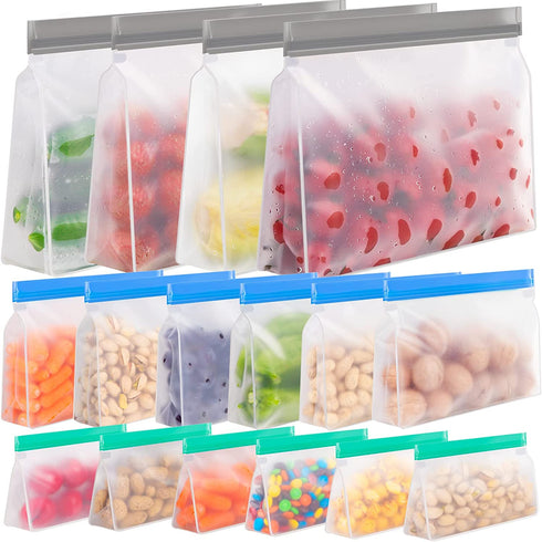 Reusable storage bags, Stand Up Reusable Freezer Bags, Reusable Sandwich Bags, Reusable Snack Bags, Reusable Gallon Bags, Reusable Food Storage Bags Silicone (16 Pack - 4 Gallon 6 Sandwich 6 Snack)
