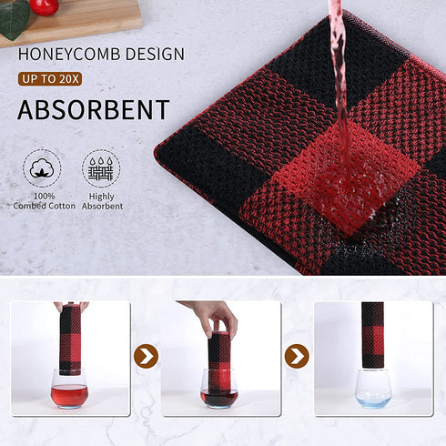 Mordimy 100% Cotton Waffle Weave Buffalo Plaid Kitchen Towels, 13 x 28 Inches, Super Soft and Absorbent Dish Towels for Drying Dishes, 4-Pack, Black & Red