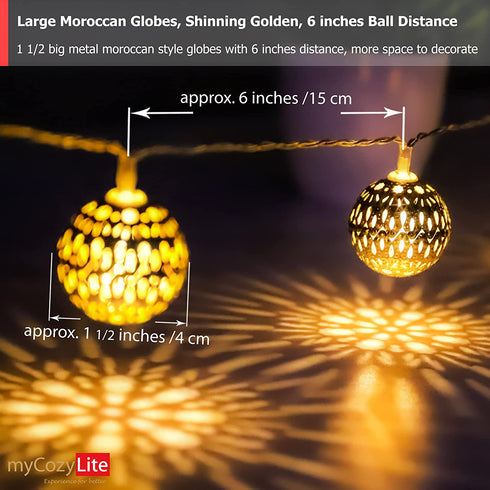 LED Globe String Lights, Plug in with Timer, 8 Funtions, 3V Low Voltage Transformer, Unique Pattern, 20 Golden Metal Globes, Warm White Moroccan Lights, Extendable