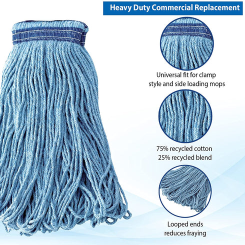 (3 Pack) Commercial Mop Head Replacement, Blue Cotton Looped End String, Industrial Cleaning Mop Heads Replacements Refill