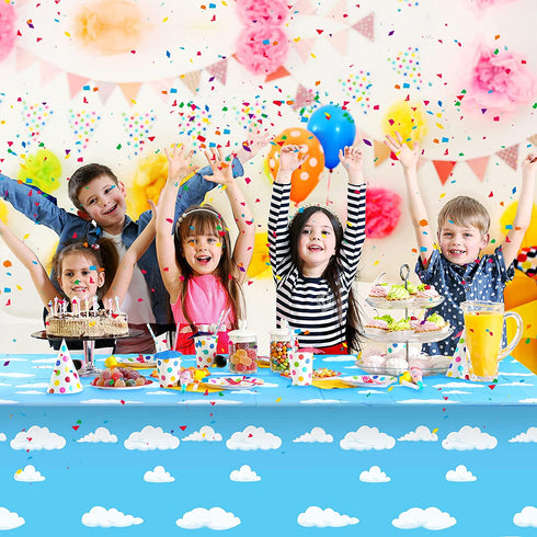 Blue Sky White Clouds Birthday Party Supplies Cartoon Story Tablecloth Party Table Cover Cartoon Table Banner for Baby Kids Shower Birthday Party Decorations, 54 x 108 Inch?1 Piece?