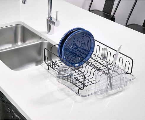 iDesign Forma Lupe Kitchen Dish Drainer Rack with Tray for Drying Glasses, Silverware, Bowls, Plates - Black Matte/Clear