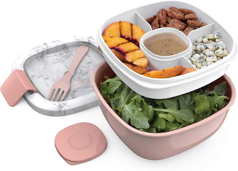 Bentgo® Salad - Stackable Lunch Container with Large 54-oz Salad Bowl, 4-Compartment Bento-Style Tray for Toppings, 3-oz Sauce Container for Dressings, Built-In Reusable Fork & BPA-Free (Blush Marble)