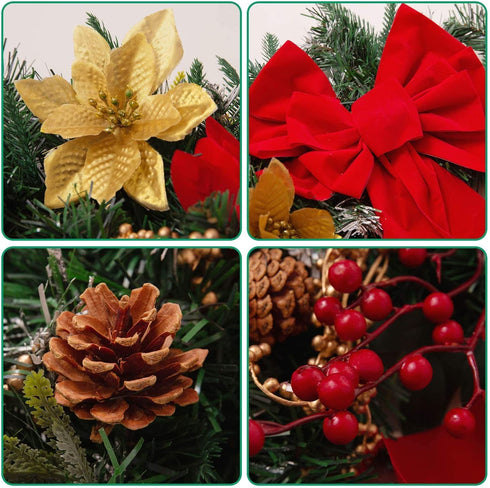 FUNARTY 22 Inches Christmas Wreath with Lights Poinsettia Golden Berries and Bowknot for Front Door Winter Christmas Indoor Outdoor Holiday Decor
