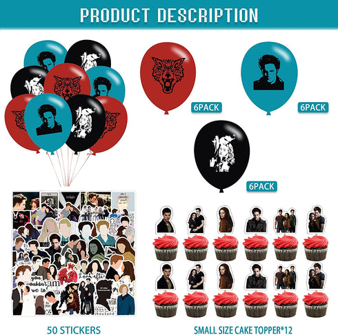 The Twilight Saga Theme Birthday Party Decorations,The Twilight Saga Party Supply Set for Kids with 1 Happy Birthday Banner , 12 Cupcake Toppers,50 Stickers ,18 Balloons for Party Decorations