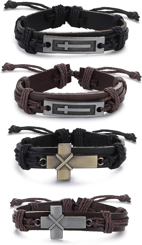SAILIMUE 4 Pcs Cross Leather Bracelet for Men Religious Cross Tag Bangle Leather Wristband Adjustable Drawstring Bracelet Set