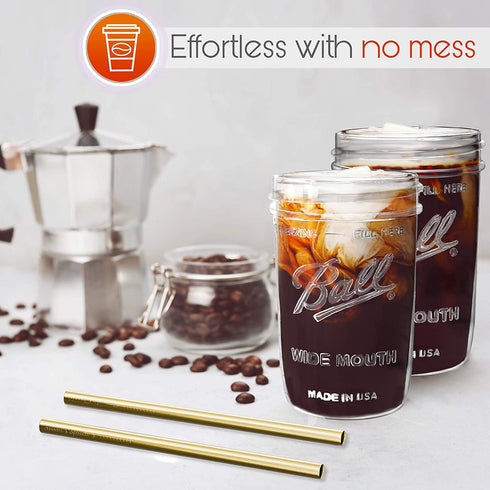 Reusable Wide Mouth Smoothie Cups Boba Tea Cups Bubble Tea Cups with Lids and Gold Straws Ball Mason Jars Glass Cups (2-pack, 16 oz mason jars) Brand Capsule Classic