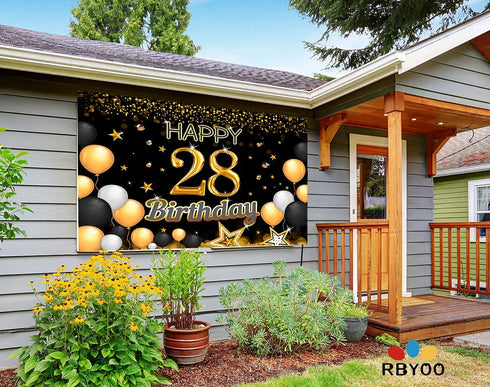 RBYOO 28th Gold Black Happy Birthday Backdrop for Girls Women Boy Men 7x5ft Photography Background Banner Birthday Party Decorations Photo Booth Props