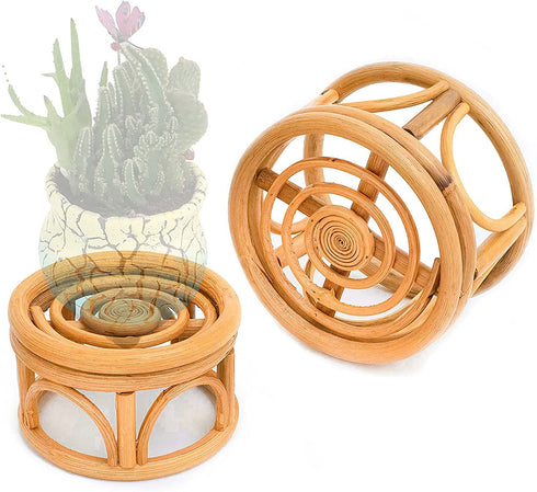 Set of 2 Mini Rattan Woven Plant Stand for Indoor Plants Round Decorative Flower Riser Holder Modern Plant Stand with Boho Plant Stand Holder Suitable Fits 4'' and 6'' Pots