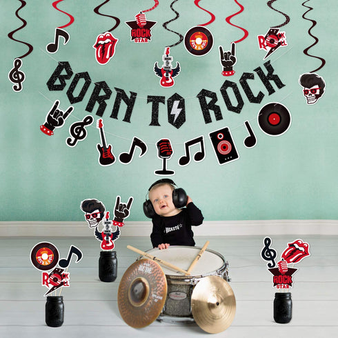 Rock and Roll Party Decorations Set Born to Rock Glitter Banner Rock and Roll Hanging Swirls Rock Star Centerpiece Sticks 1950's Rock and Roll Party Decorations Music Theme Baby 1st Birthday Party Supplies 50s 60s Rock Party Favors Record Wall Decor