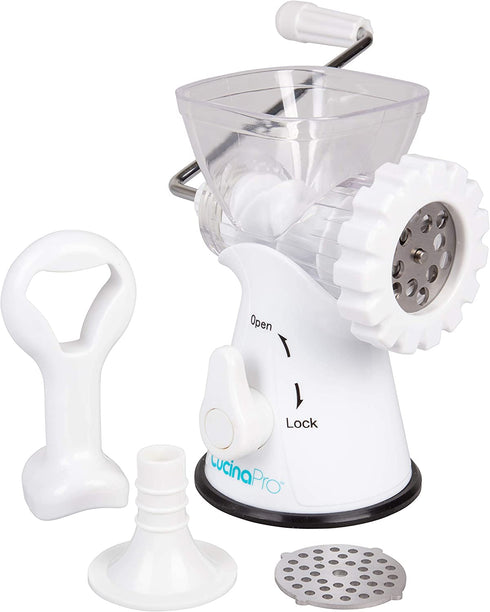 Manual Meat Grinder - Mincer w 2 Stainless Steel Plates, Sausage Attachment, Press, Heavy Duty Suction Base and Dishwasher Safe Design- Make Suasage, Ground Beef, Hamburgers and More