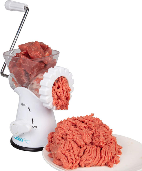 Manual Meat Grinder - Mincer w 2 Stainless Steel Plates, Sausage Attachment, Press, Heavy Duty Suction Base and Dishwasher Safe Design- Make Suasage, Ground Beef, Hamburgers and More