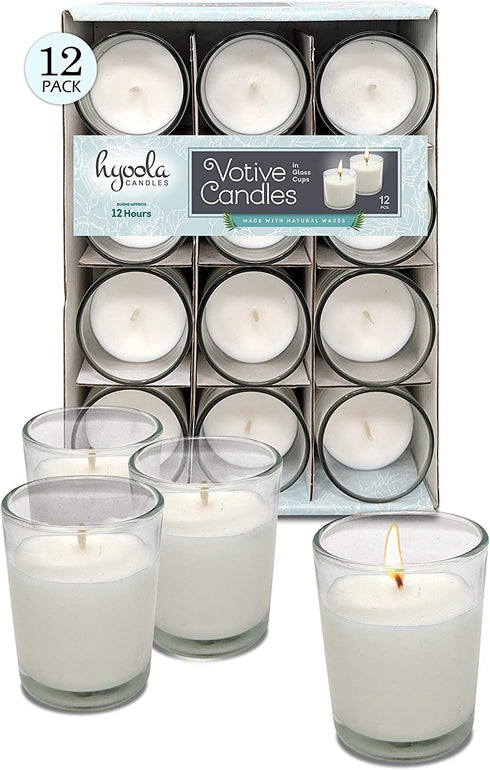 White Votive Candles - 12 Pack - Clear Glass Cups, Unscented, Long 12 Hour Burn Time - for Party Decorations, Birthday, Wedding and Dinner Centerpieces - Hyoola