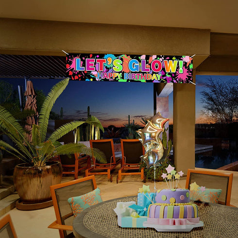 Glow Neon Birthday Party Decorations Supplies, Lets Glow & Happy Birthday Banner Yard Sign Supplies, Glow Theme Party Decor Photo Booth Props for Indoor Outdoor