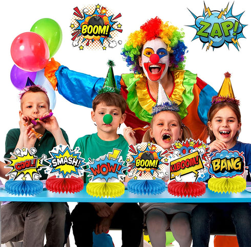Set of 10 Hero Themed Party Decoration Superhero Honeycomb Centerpieces Hero Action Sign Table Centerpiece Fun Hero Theme Party Table Topper Decor for Happy Birthday Baby Shower Party Supplies Favor