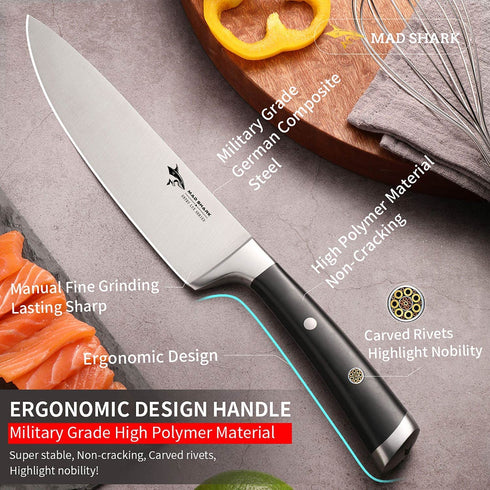 MAD SHARK 8 Inch Chef Knife, German Military Grade Composite Steel, ULTRA-SHARP, Quality Kitchen Chopping Knife, Vegetable or Meat Cutting, Cooking Chief Knife, High Carbon Stainless