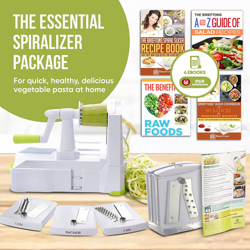 Brieftons 5-Blade Spiralizer (BR-5B-02): Strongest-and-Heaviest Duty Vegetable Spiral Slicer, Best Veggie Pasta Spaghetti Maker for Low Carb/Paleo/Gluten-Free, With Extra Blade Caddy, 4 Recipe Ebooks