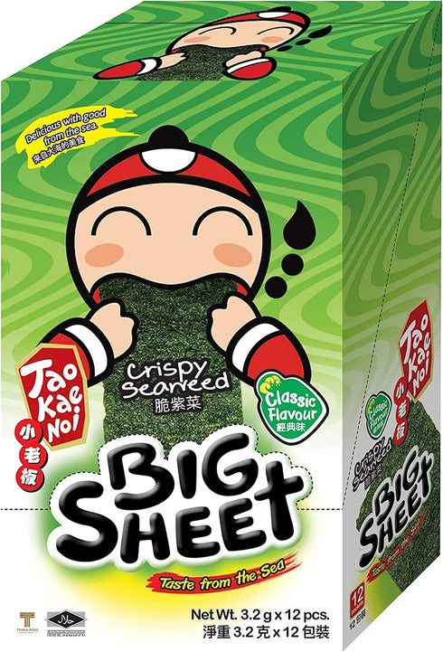 Big Crispy Seaweed Snack Sheets by Tao Kae Noi | Classic Thai Seaweed Chip | Healthy Nori Snacks for Kids and Adults | 12 Individually Wrapped Sheets per Box, 3.2g each