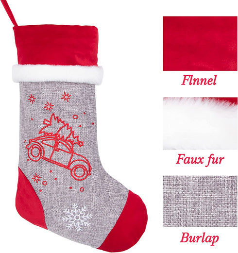 LUBOT Set of 5 Christmas Stockings (21inch) Embroidered Burlap Applique Flannel with Faux Fur Fireplace Hanging for Family Decorations Xmas Gift