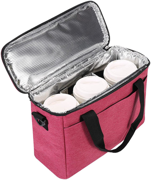 Insulated Drink Carrier Bag for Delivery, Reusable Coffee Cup Holder Caddy Bag with Handle, Tote Bag with Adjustable Dividers, Keep Beverage Hot or Cooler, Ideal for Grubhub Uber Eats Car Drivers (Red)
