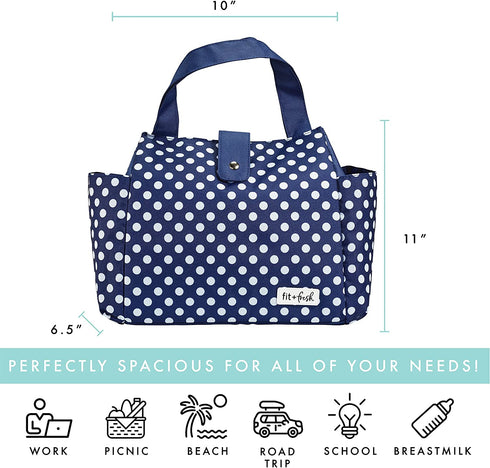 Fit + Fresh Westport Insulated Lunch Bag, Lunch Bag for Women, Reusable Lunch Box, Perfect for Work, School, Beach & More, Classic Navy Dot