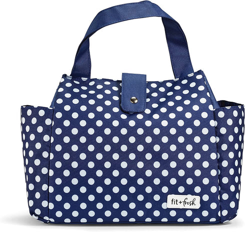 Fit + Fresh Westport Insulated Lunch Bag, Lunch Bag for Women, Reusable Lunch Box, Perfect for Work, School, Beach & More, Classic Navy Dot