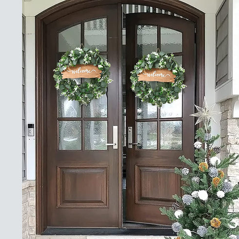Momkids 18" Eucalyptus Wreath with Welcome Signs Fake Front Door Wreath Faux Eucalyptuses Leaves Hanging Farmhouse Wreath for Living Room Kitchen Balcony Window Porch Wedding Party Decoration