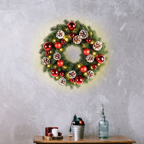Lulu Home Christmas Front Door Wreath, 15.7" Pre-lit Wreath with Christmas Balls and Pine Cone, Battery Operated 40 LED Light Up Xmas Wreath Decorative Hanging Ornament