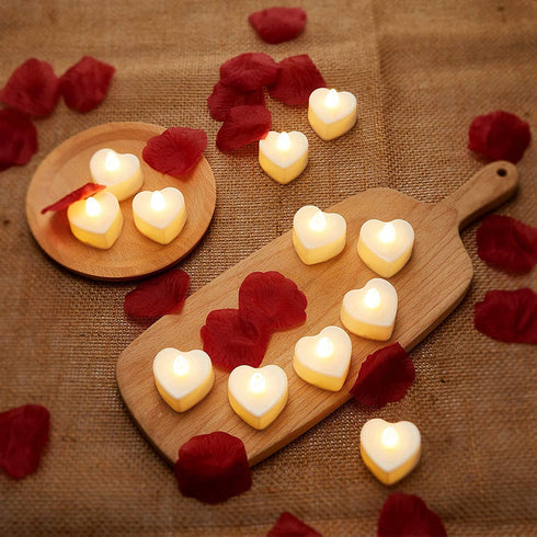 1000 Pieces Artificial Rose Petal with 24 Pieces Romantic Heart LED Candle Flameless Romantic Love LED Tealight Candle for Romantic Night Valentine's Day Anniversary Wedding Table Decor (Yellow)