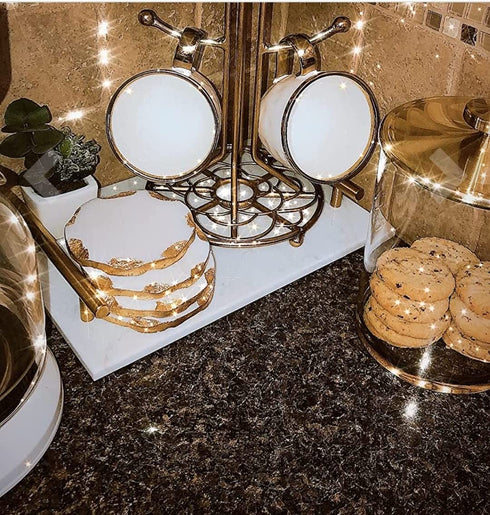 GMRS Home White Marble Handmade Coaster-Set of 4 (Round) with Gold Foiling