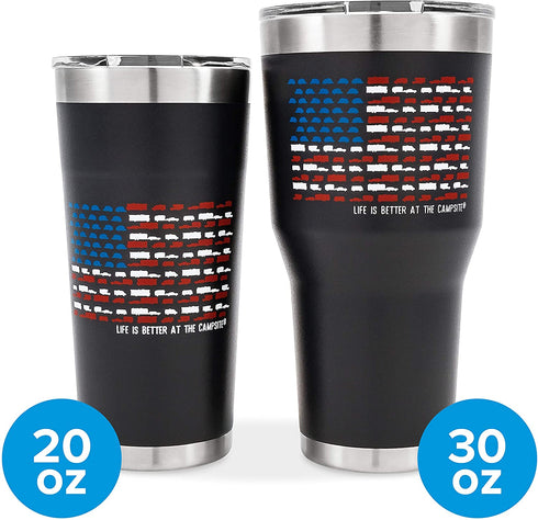 Camco Life is Better at The Campsite Stainless Steel Insulated Twist Top Tumbler- Charcoal, U.S. Flag Print 20 oz. | Superior Ice/Heat Retention | U.S. Flag Print Made of Mini RVs (53065)