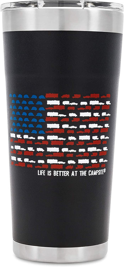 Camco Life is Better at The Campsite Stainless Steel Insulated Twist Top Tumbler- Charcoal, U.S. Flag Print 20 oz. | Superior Ice/Heat Retention | U.S. Flag Print Made of Mini RVs (53065)