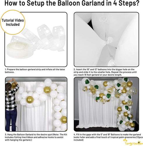 Balloon Garland Arch Kit 16 Ft Long - 168 Pieces White, Gold and Confetti - Tropical Palm Leaves Greenery for Baby Shower Decorations, Wedding, Bachelorette, Engagement, Birthday Party, Anniversary