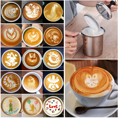 Manual Milk Creamer Hand Pump Frother Cappuccino Latte Coffee Foam Pitcher with Handle, Lid, Double Layer Filter Screen, Stainless Steel, 17-Ounce Capacity (500ml)