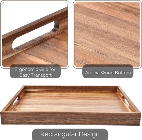 Acacia Wood Serving Tray with Handles (17 Inches) Decorative Serving Trays Platter for Breakfast in Bed, Lunch, Dinner, Appetizers, Patio, Ottoman, Coffee Table, BBQ, Party Great for Lap &Couch
