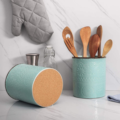 DOWAN Kitchen Utensil Holder, 7.2? Extra Large Farmhouse Utensil Holders for Countertop, Heavy Ceramic Utensil Crock, Anti Slip & Scratch Cork Bottom, Teal Utensil Organizer for Home Décor